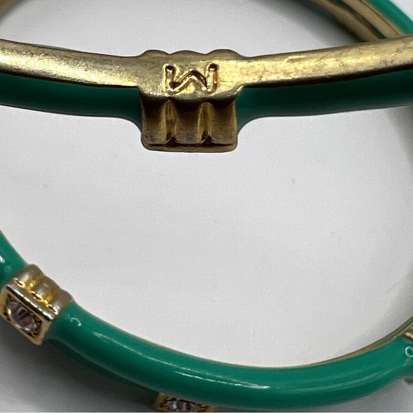 Set of three teal / turquoise enamel bangles with gold and crystals - Picture 3 of 6